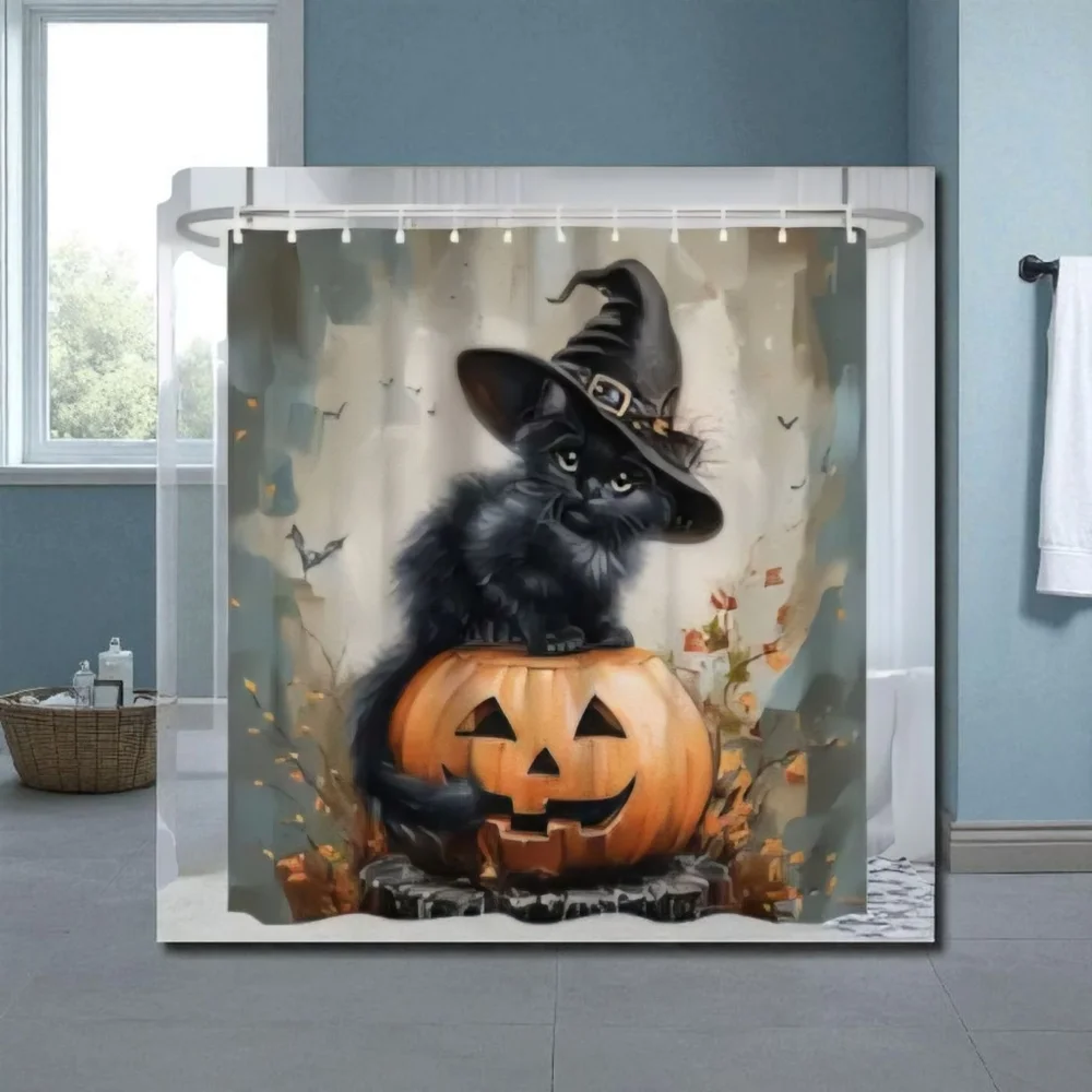 Trending Halloween Cat & Pumpking Shower Curtain 12 White Plastic Hooks Included